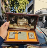 Gold Plated Waheguru Ji Photo Frame With Golden Temple Guru Nanak Wooden Memento Gift with Charan Paduka, Wedding Return Gift, Wooden Gift